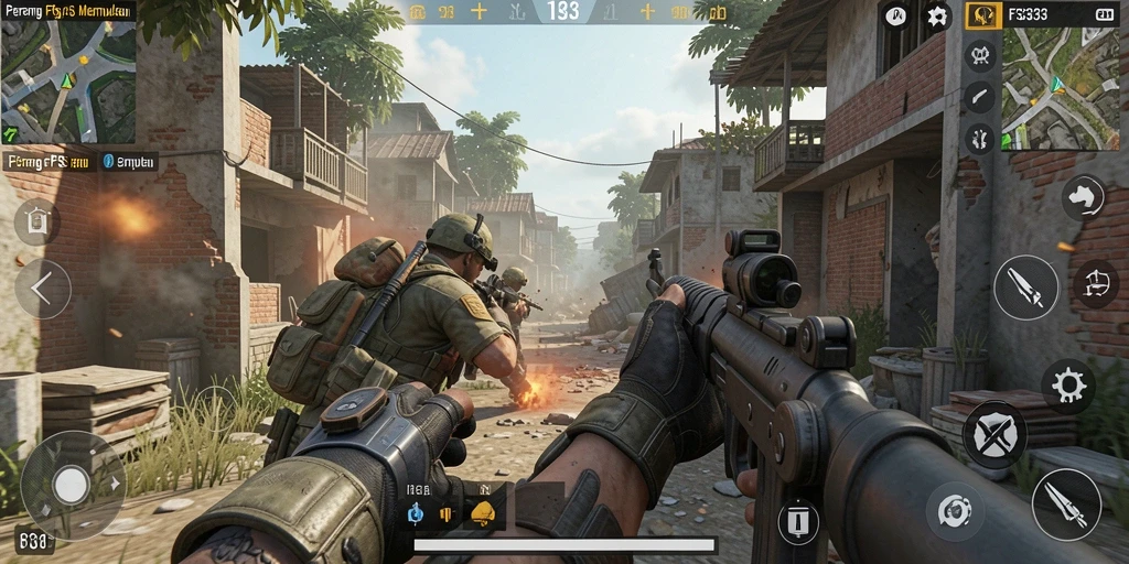Screenshot utama FB333 menunjukkan pertempuran intens dalam mode FPS.