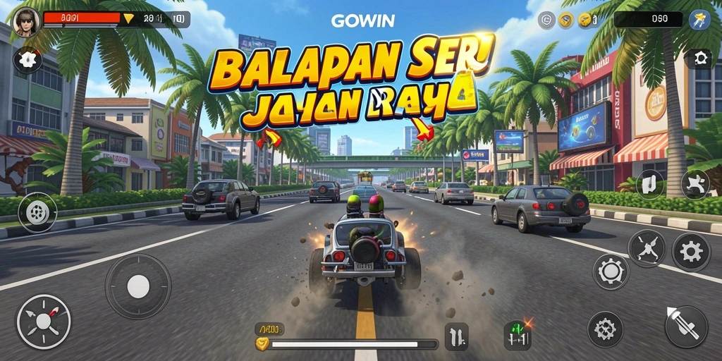 Screenshot GOWIN menampilkan balapan mobil yang mendebarkan.