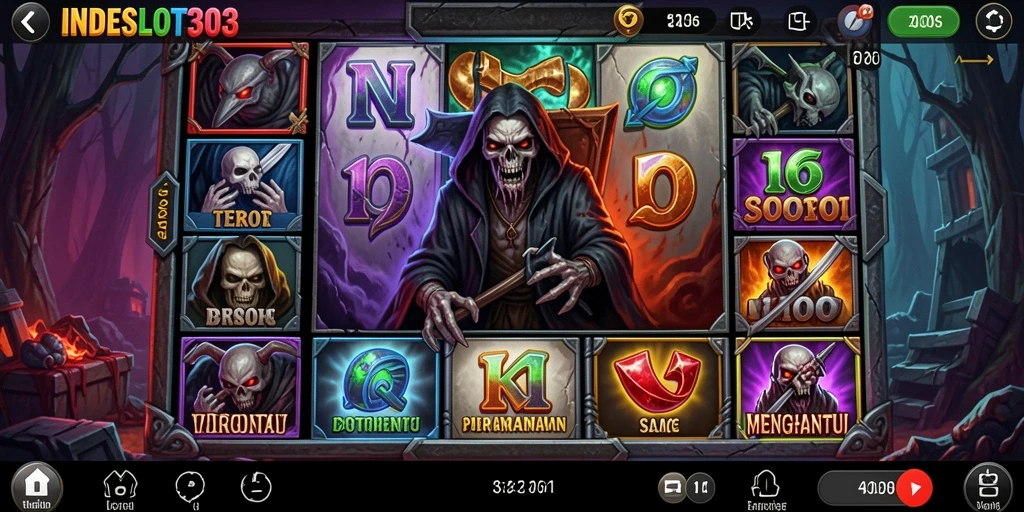 Screenshot gameplay menyeramkan INDESLOT303 yang menampilkan suasana horor.
