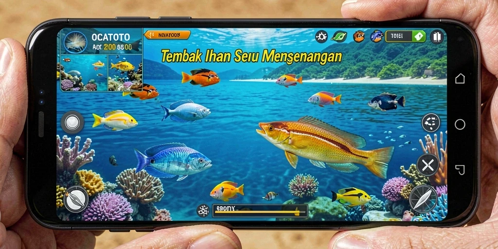 Tampilan gameplay OCATOTO saat menangkap ikan.